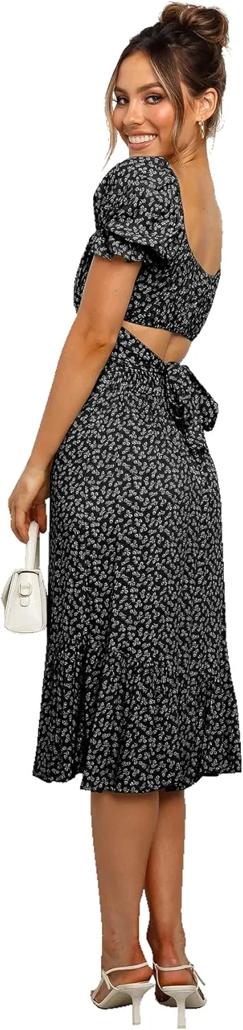 LYANER Women's 2 Piece Outfits Floral Self Tie Knot Crop Top and Midi Skirt Set