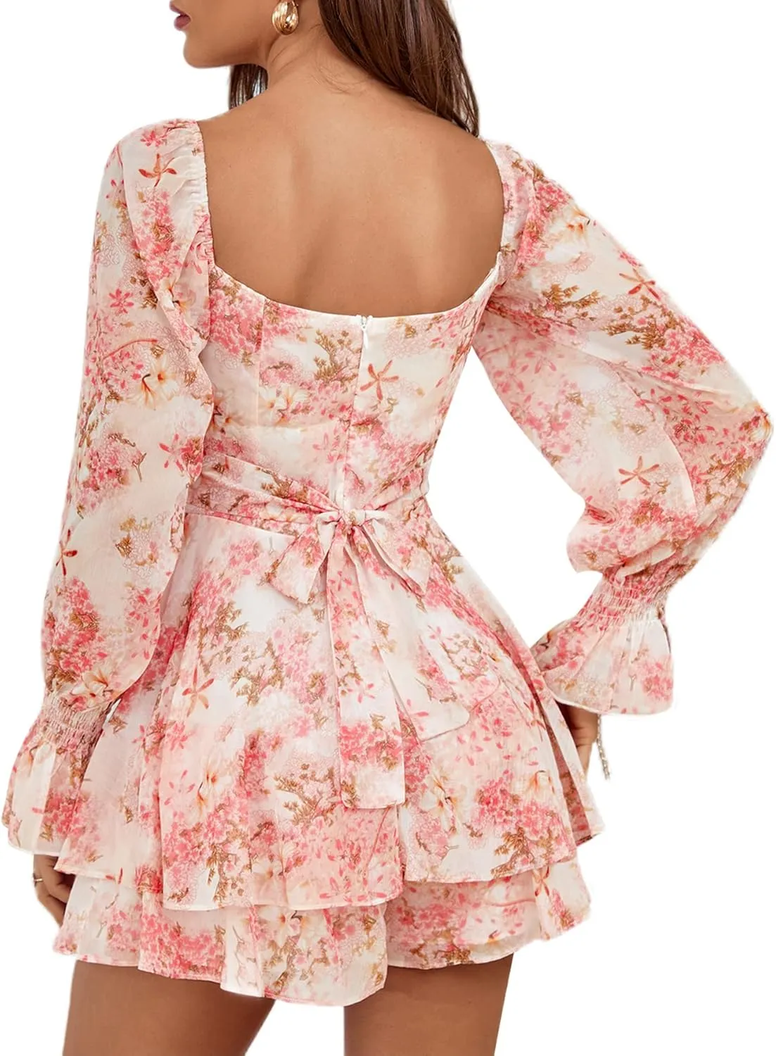 LYANER Women's Floral Print Off Shoulder Long Sleeve Ruffle Hem Romper Short Jumpsuit