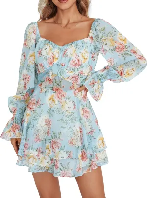 LYANER Women's Floral Print Off Shoulder Long Sleeve Ruffle Hem Romper Short Jumpsuit