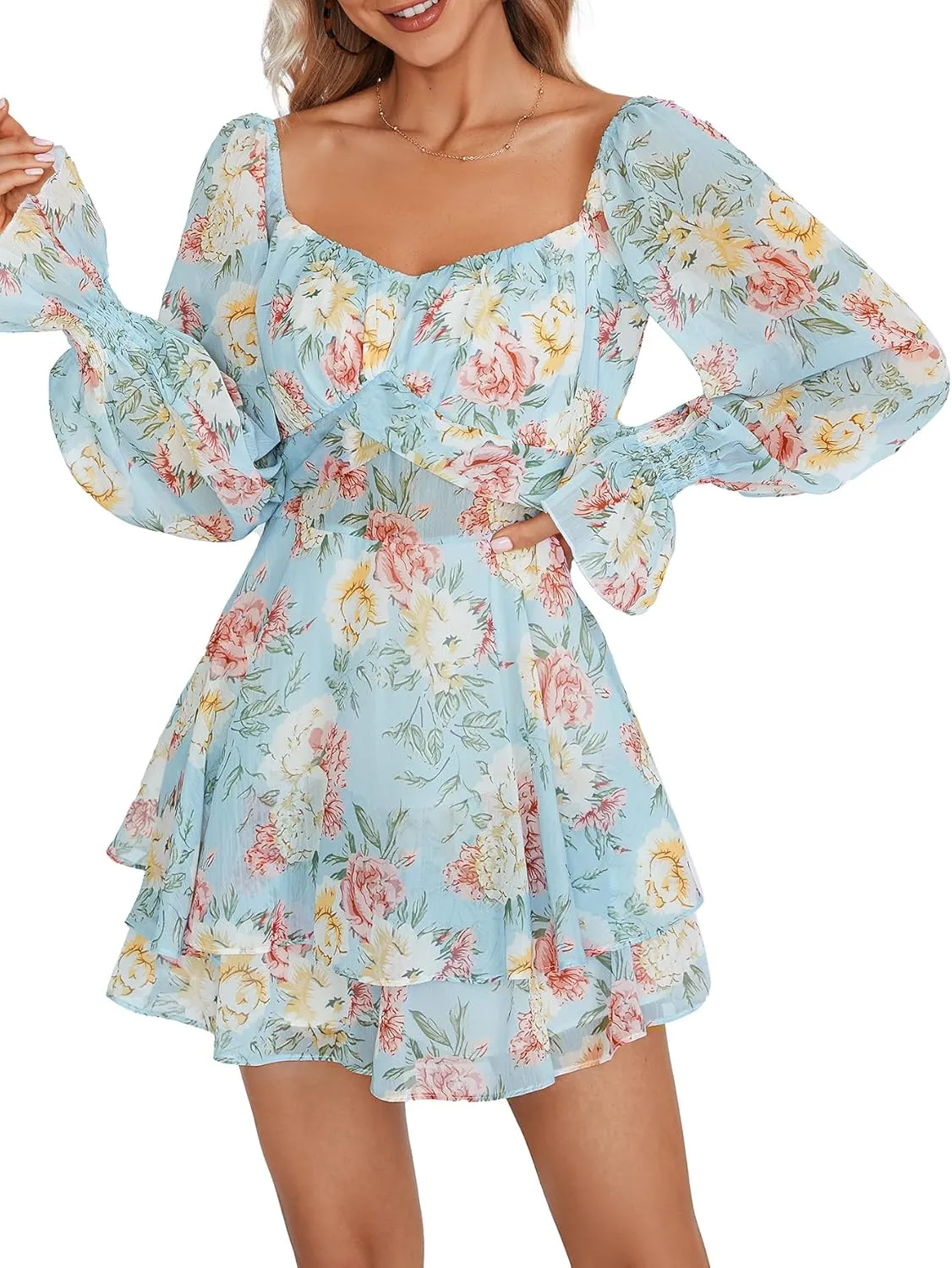 LYANER Women's Floral Print Off Shoulder Long Sleeve Ruffle Hem Romper Short Jumpsuit