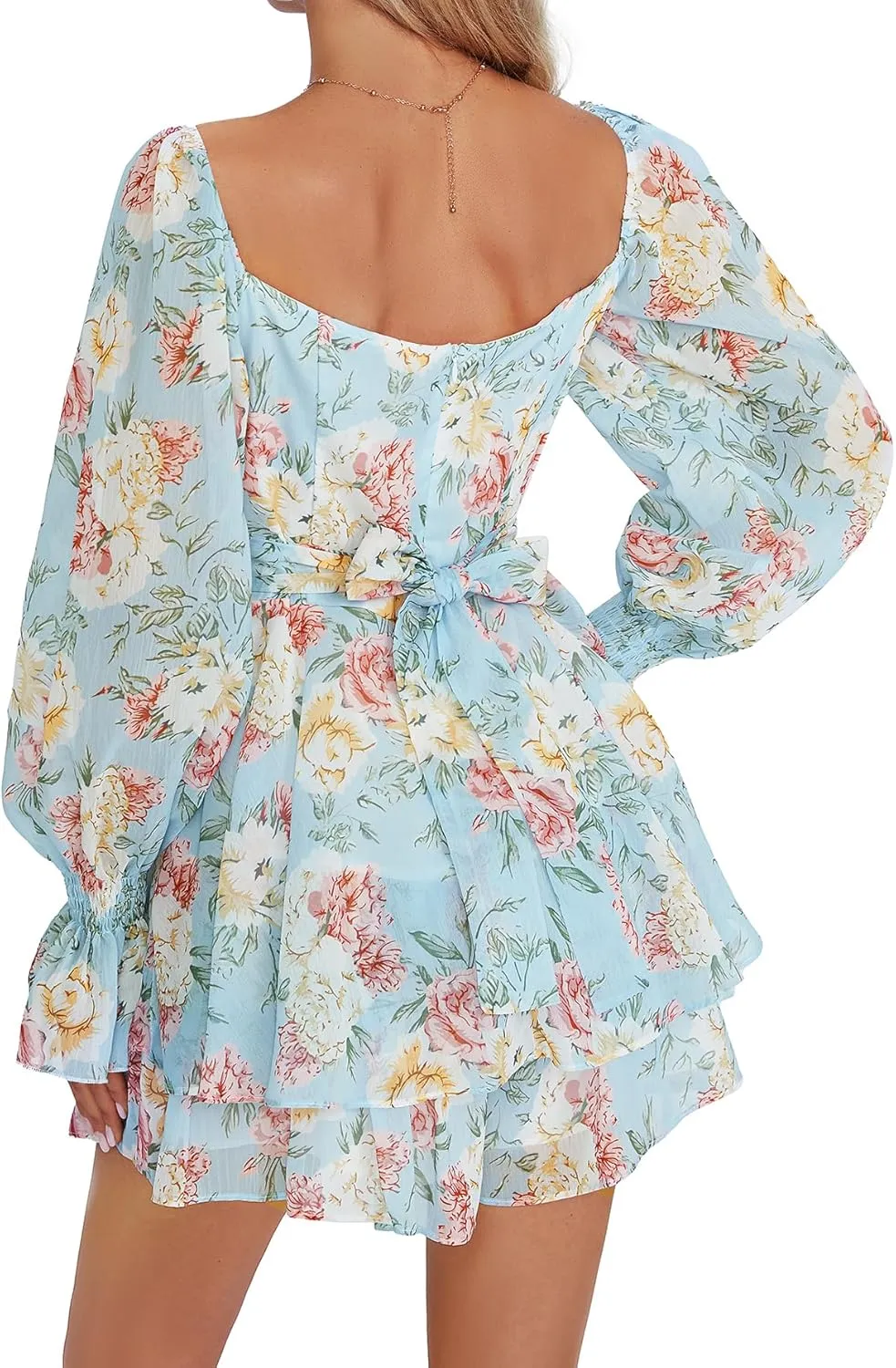 LYANER Women's Floral Print Off Shoulder Long Sleeve Ruffle Hem Romper Short Jumpsuit