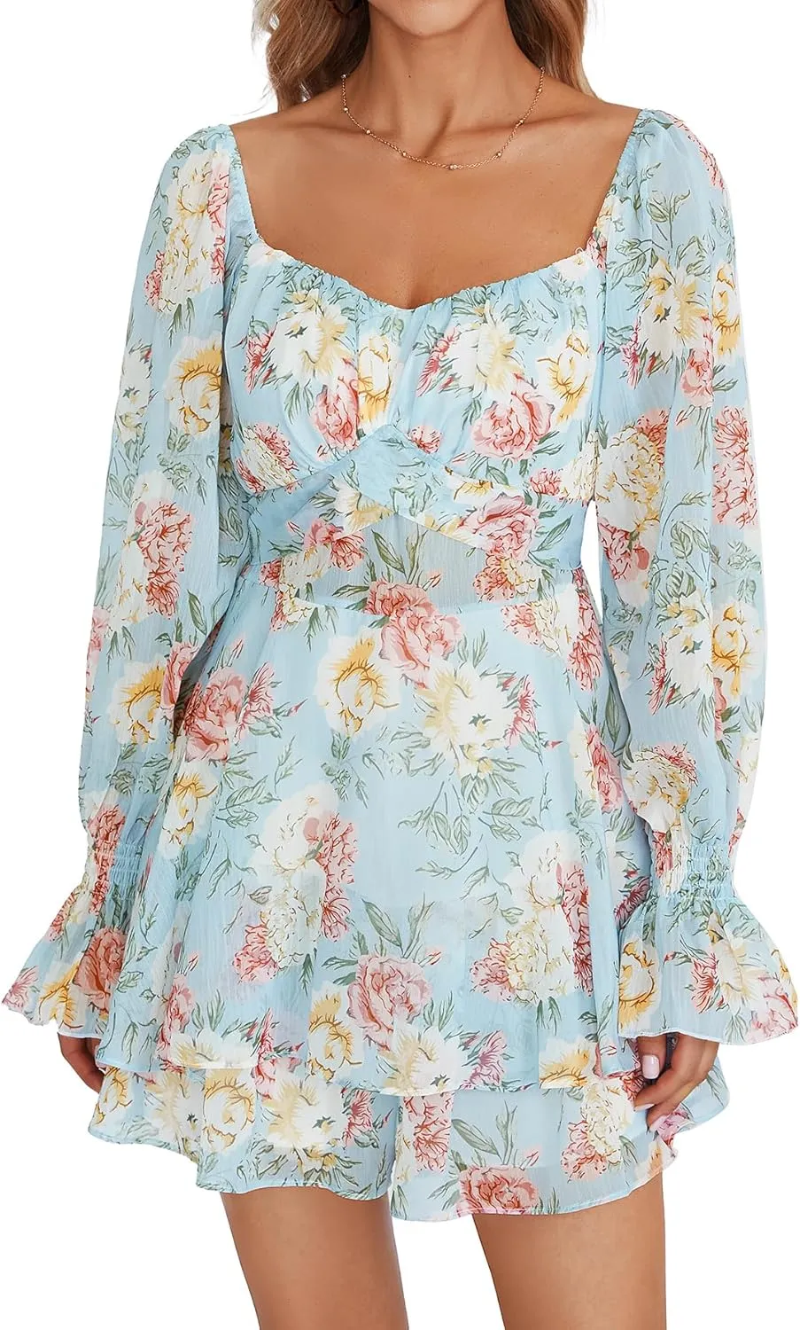 LYANER Women's Floral Print Off Shoulder Long Sleeve Ruffle Hem Romper Short Jumpsuit