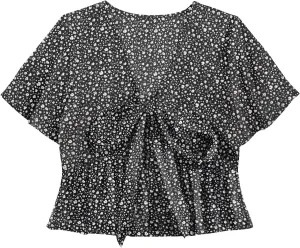 LYANER Women's Floral Print V Neck Tie Knot Ruffle Hem Short Sleeve Blouse Peplum Top