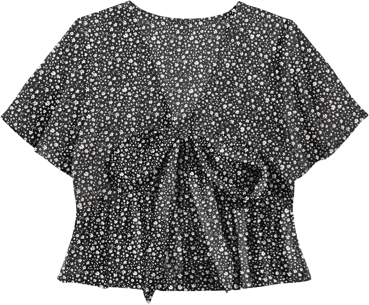LYANER Women's Floral Print V Neck Tie Knot Ruffle Hem Short Sleeve Blouse Peplum Top