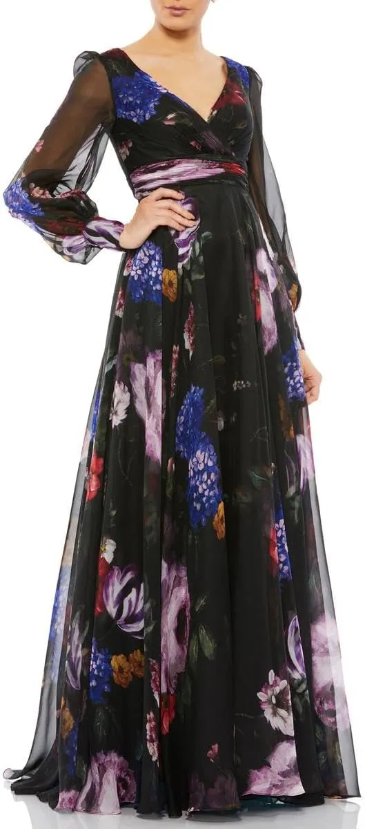 Mac Duggal Womens Floral Print Chiffon Evening Dress