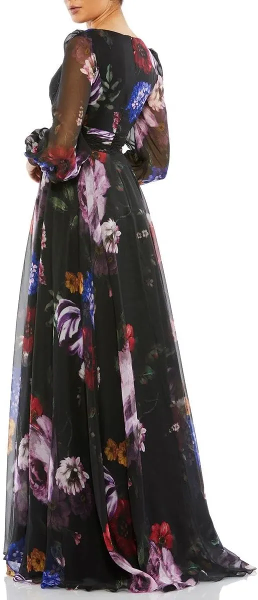 Mac Duggal Womens Floral Print Chiffon Evening Dress