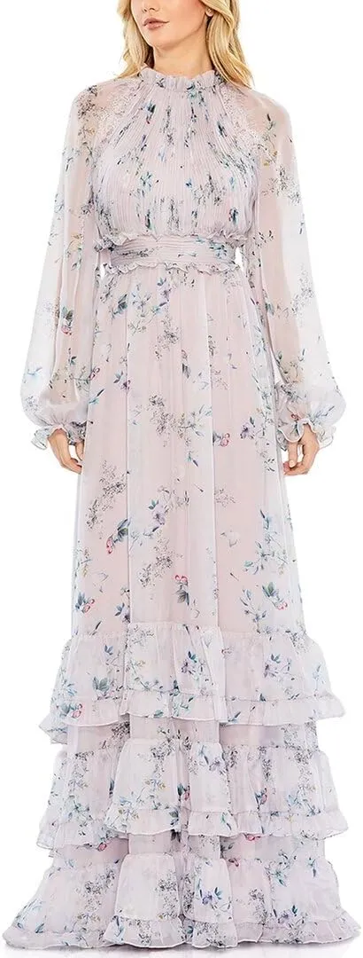 Mac Duggal Womens Floral Print Chiffon Evening Dress
