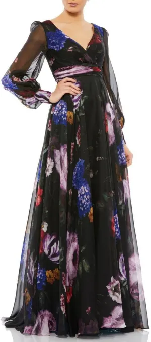 Mac Duggal Womens Floral Print Chiffon Evening Dress