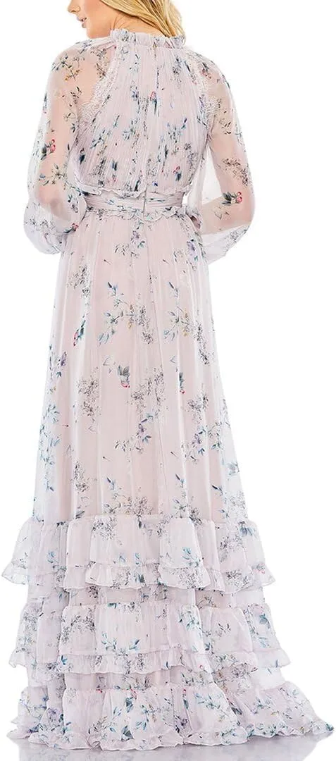 Mac Duggal Womens Floral Print Chiffon Evening Dress