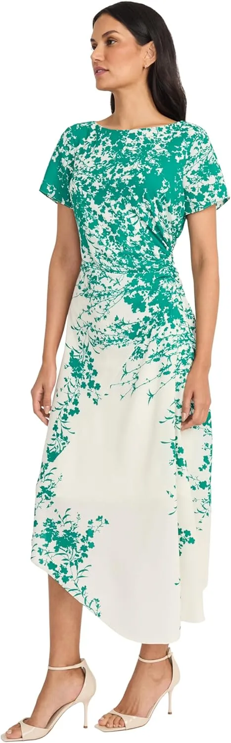 Maggy London Women's Ruched Waist Asymmetrical Midi Boat Neck Short Sleeve-Special Occasion Wedding Guest Dress