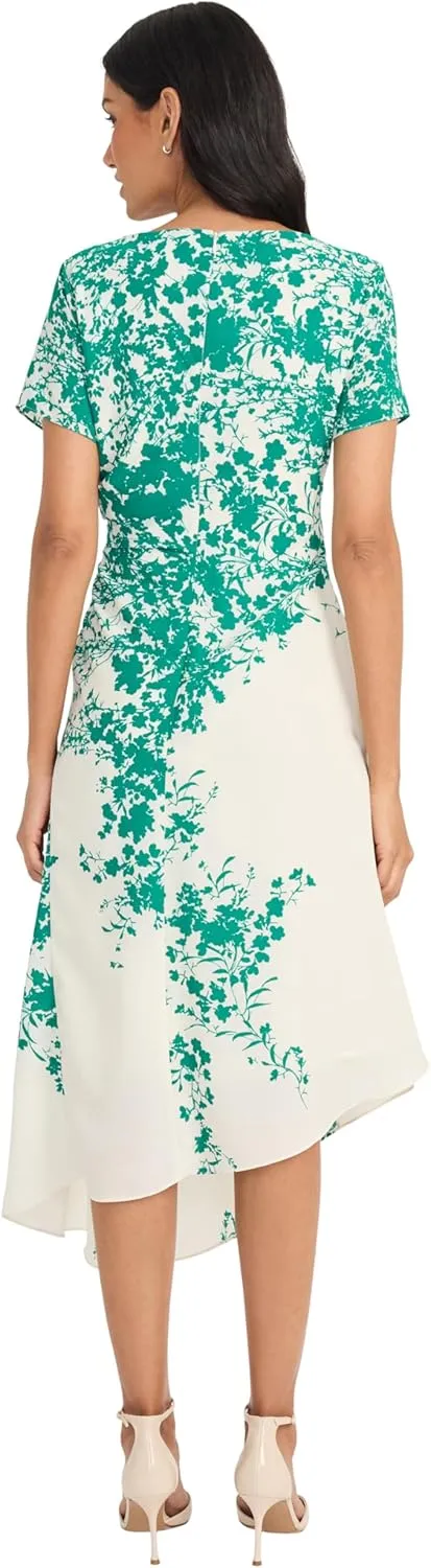 Maggy London Women's Ruched Waist Asymmetrical Midi Boat Neck Short Sleeve-Special Occasion Wedding Guest Dress