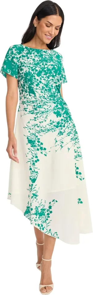 Maggy London Women's Ruched Waist Asymmetrical Midi Boat Neck Short Sleeve-Special Occasion Wedding Guest Dress