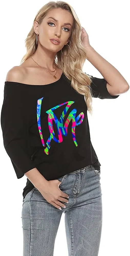 MAGICMK Women Casual Plus Size Lips Print Off Shoulder T-Shirt Tops