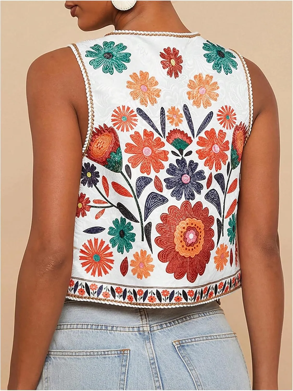 MakeMeChic Women's Floral V Neck Tank Top Sleeveless Tie Front Boho Vest