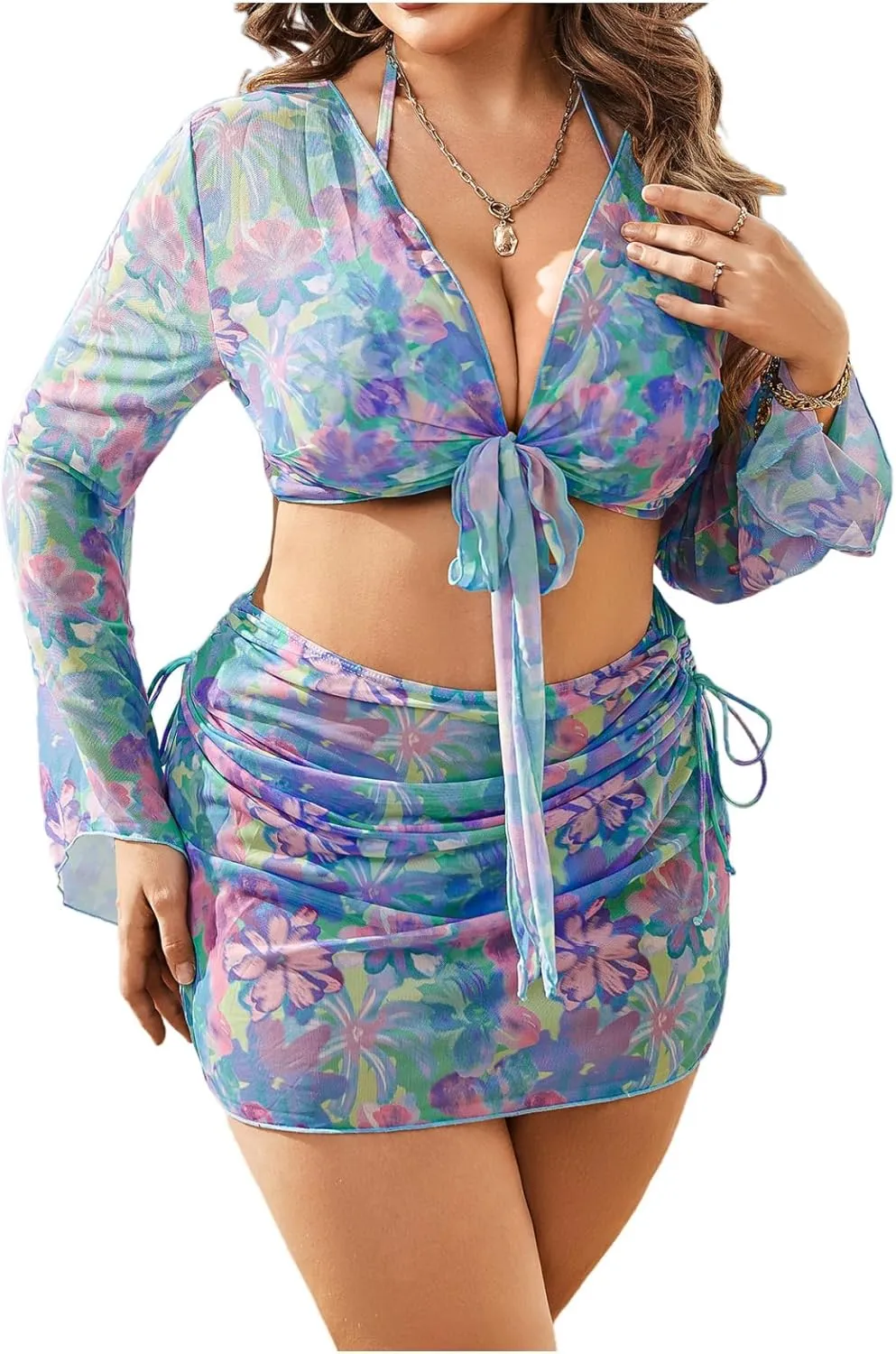 MakeMeChic Women's Plus Size 4 Piece Swimsuit Floral Halter Triangle Thong Bikini with Cover Up Set
