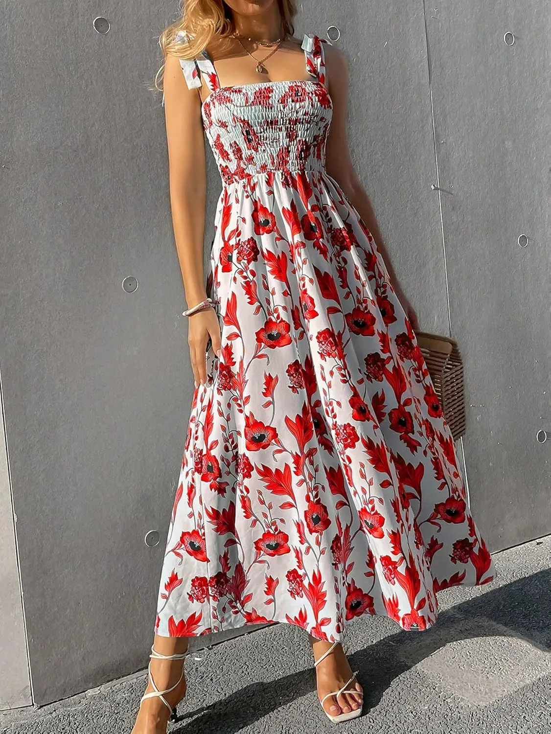 MakeMeChic Women's Summer Floral Dresses 2025 Beach Vacation Casual Blue and White Long Maxi Sundresses