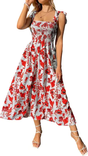 MakeMeChic Women's Summer Floral Dresses 2025 Beach Vacation Casual Blue and White Long Maxi Sundresses