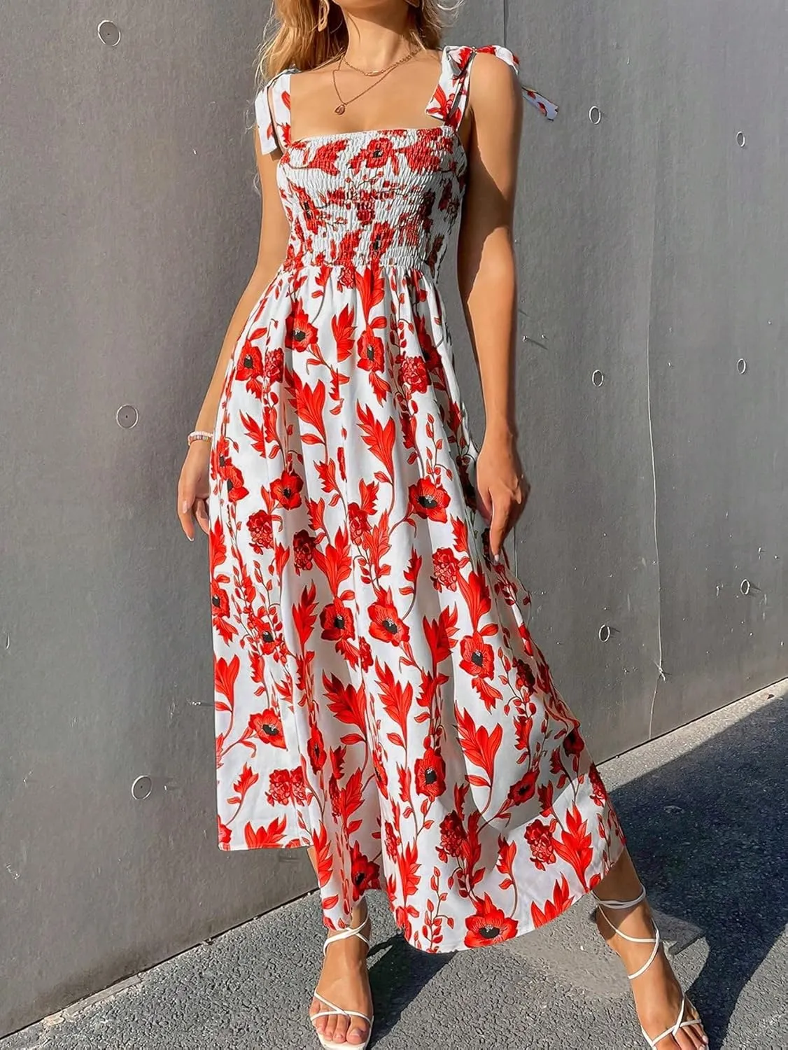 MakeMeChic Women's Summer Floral Dresses 2025 Beach Vacation Casual Blue and White Long Maxi Sundresses