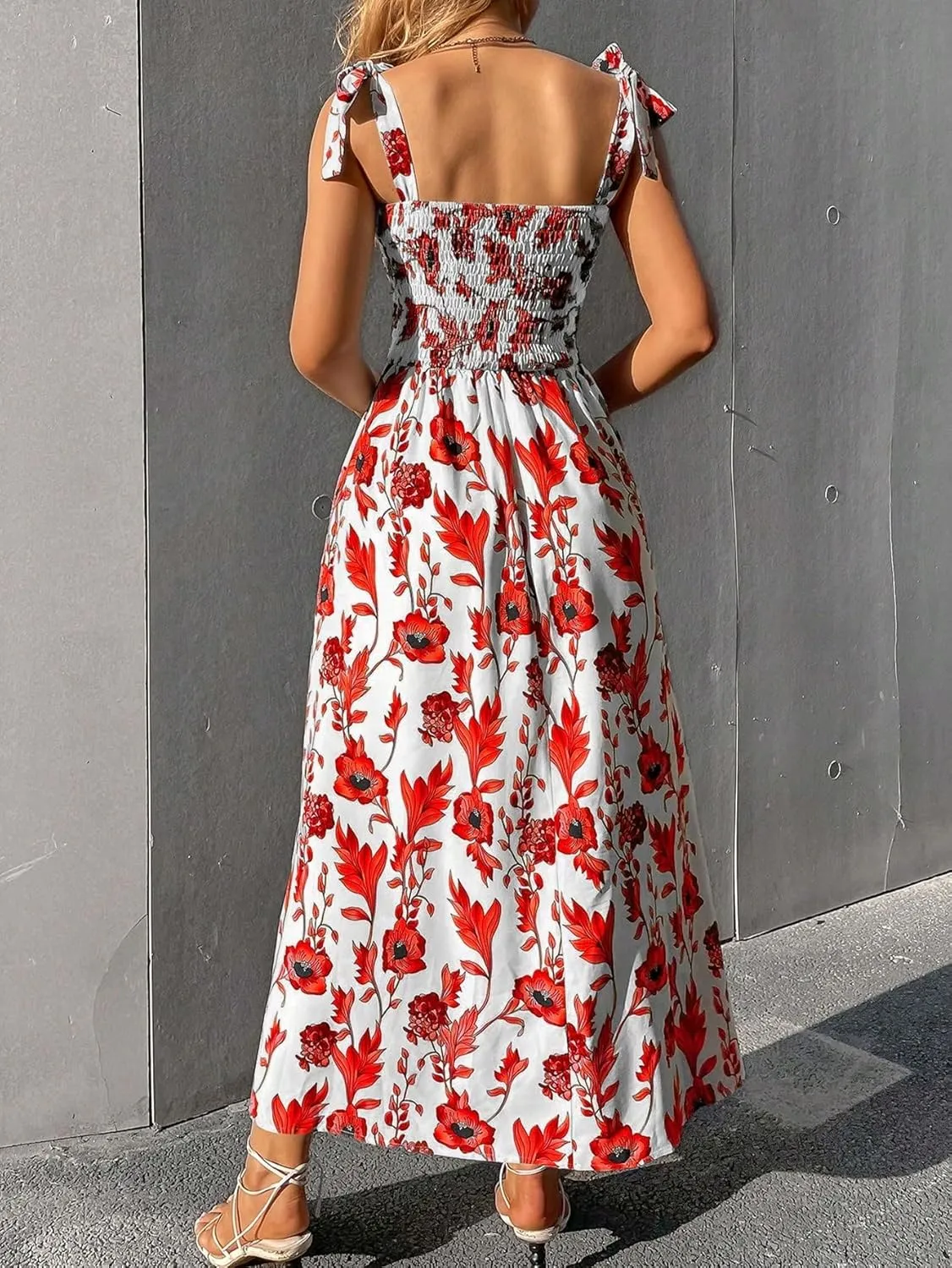 MakeMeChic Women's Summer Floral Dresses 2025 Beach Vacation Casual Blue and White Long Maxi Sundresses