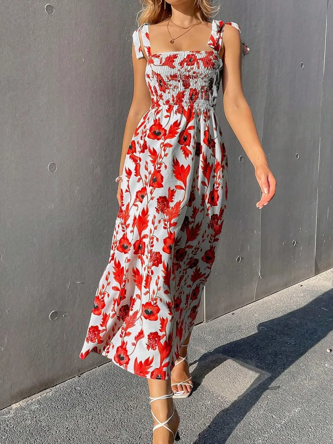 MakeMeChic Women's Summer Floral Dresses 2025 Beach Vacation Casual Blue and White Long Maxi Sundresses