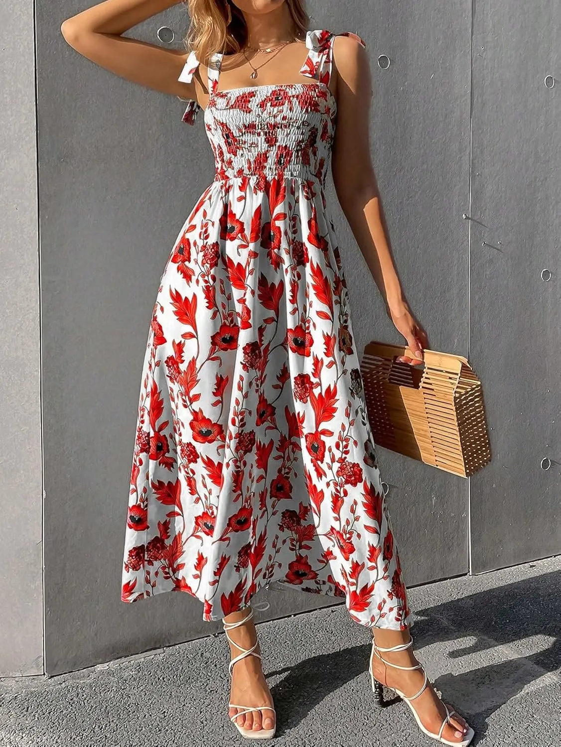 MakeMeChic Women's Summer Floral Dresses 2025 Beach Vacation Casual Blue and White Long Maxi Sundresses