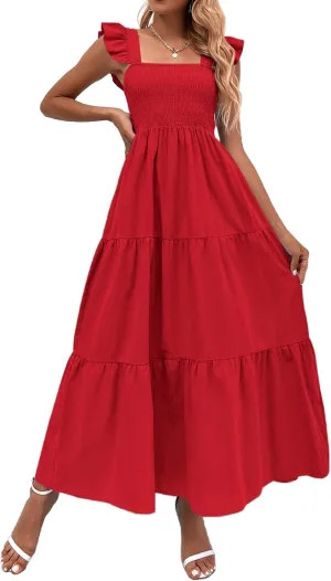 MakeMeChic Women's Summer Floral Dresses 2025 Beach Vacation Casual Blue and White Long Maxi Sundresses