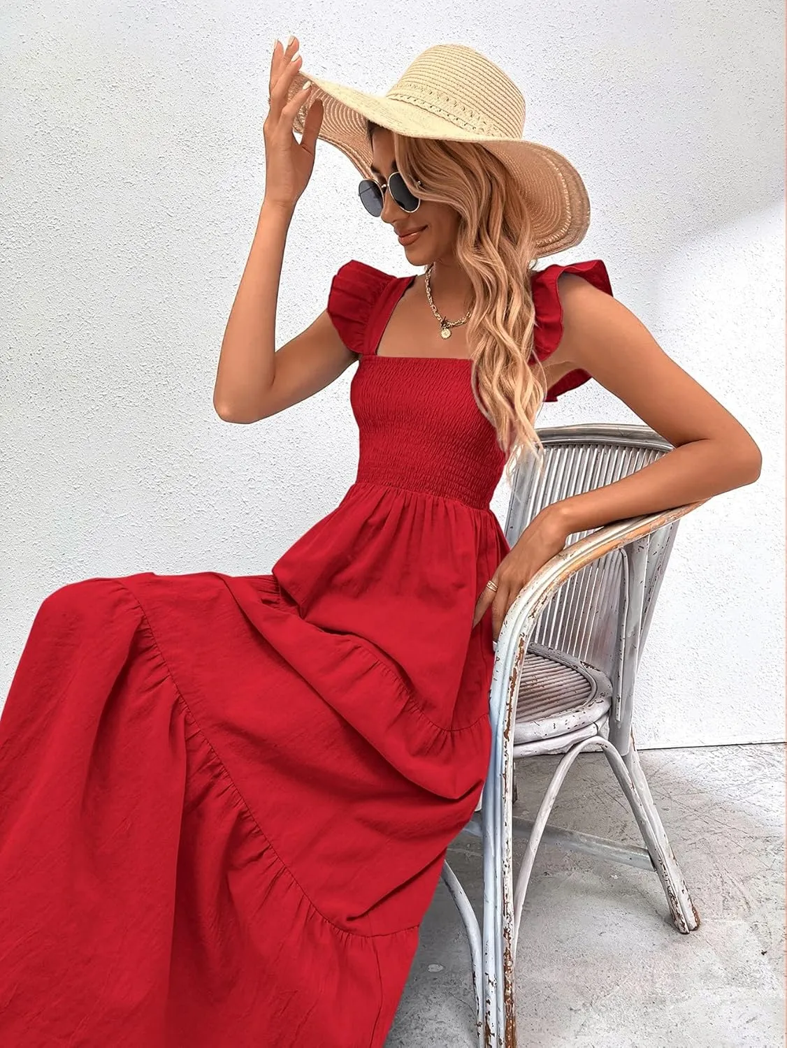 MakeMeChic Women's Summer Floral Dresses 2025 Beach Vacation Casual Blue and White Long Maxi Sundresses