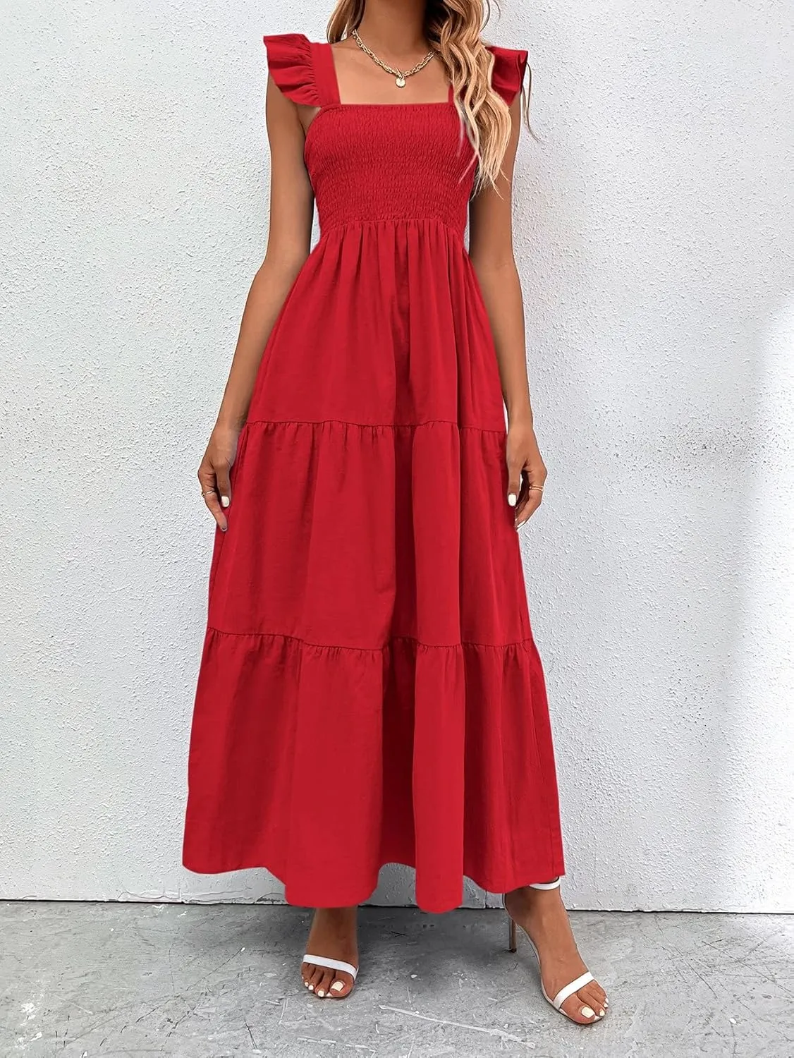 MakeMeChic Women's Summer Floral Dresses 2025 Beach Vacation Casual Blue and White Long Maxi Sundresses