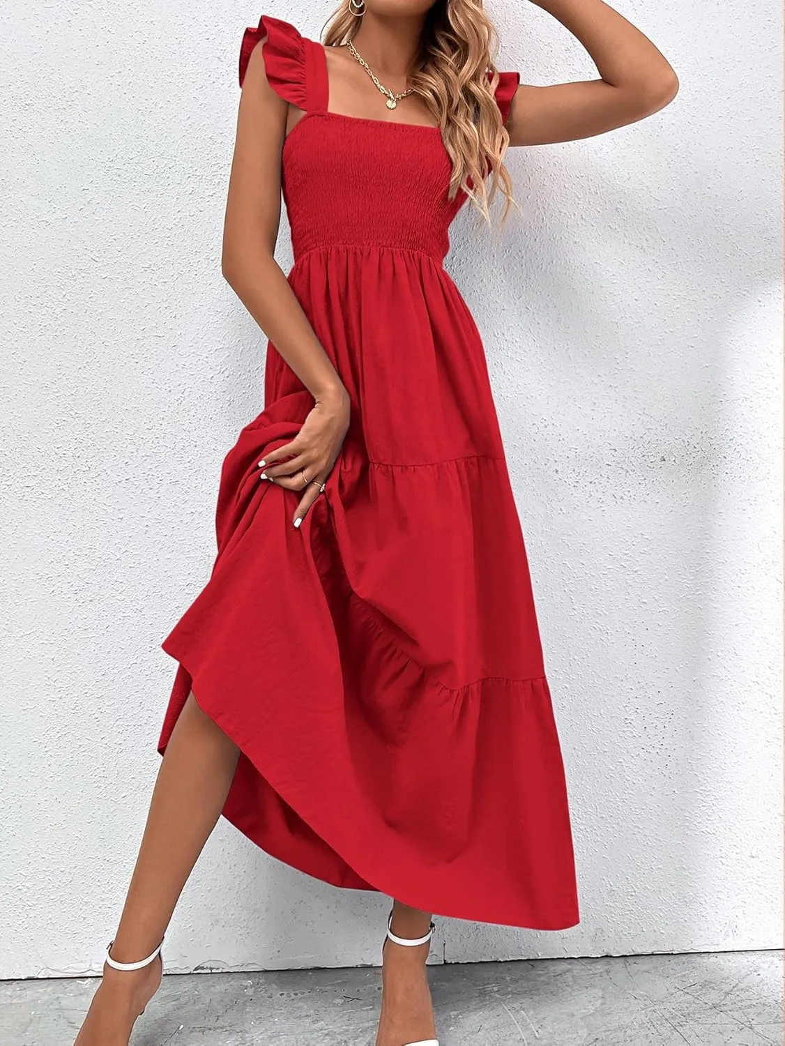 MakeMeChic Women's Summer Floral Dresses 2025 Beach Vacation Casual Blue and White Long Maxi Sundresses