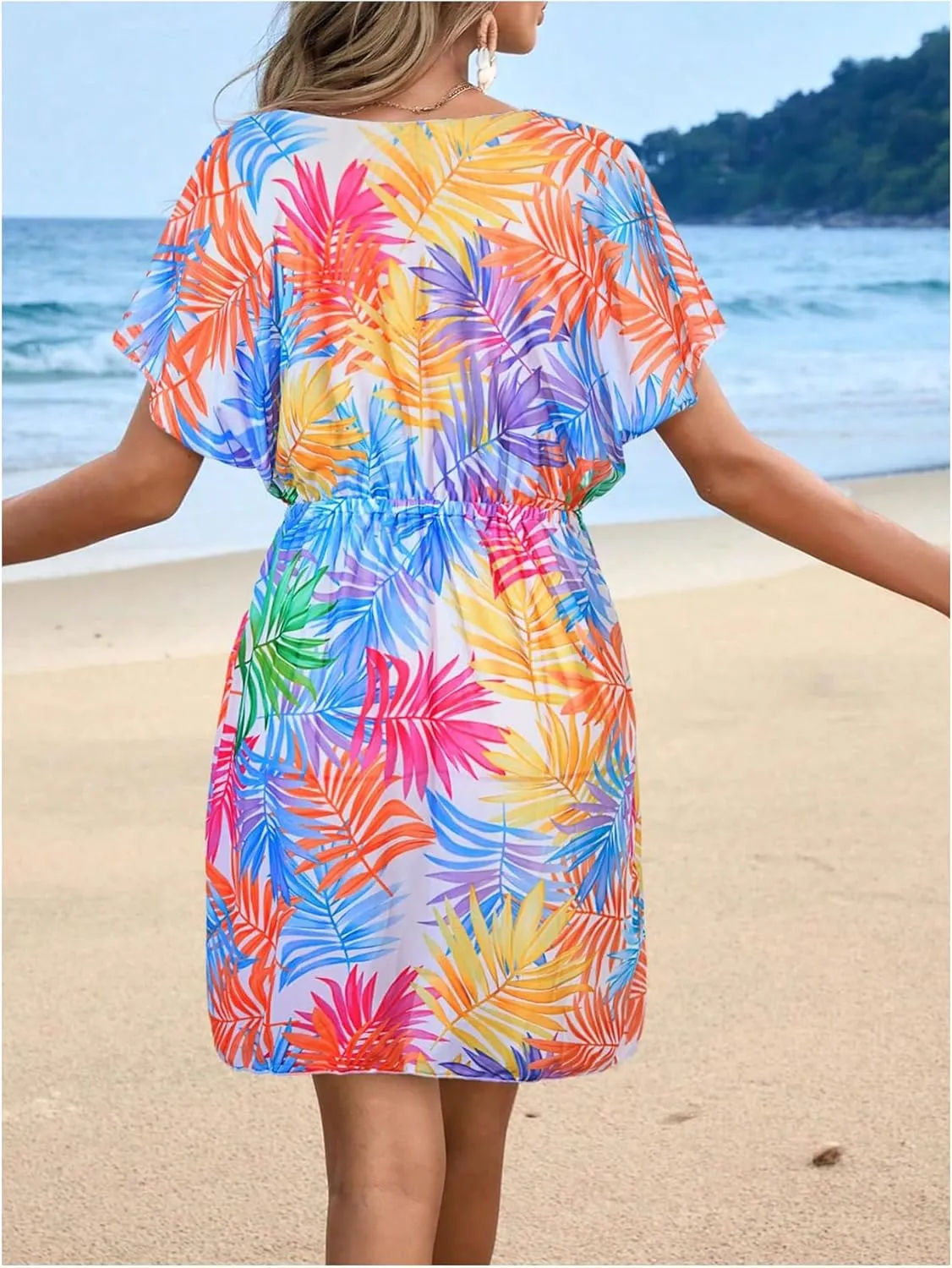 MakeMeChic Women's Tropical Print Bikini Cover Up V Neck Short Sleeve A Line Beach Dress