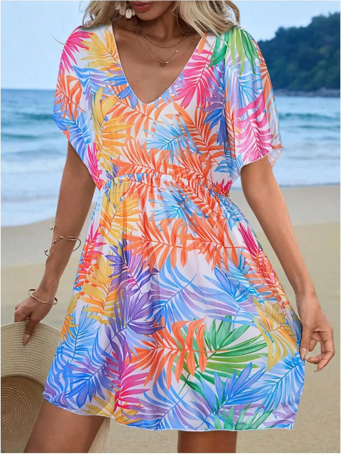 MakeMeChic Women's Tropical Print Bikini Cover Up V Neck Short Sleeve A Line Beach Dress