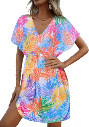 MakeMeChic Women's Tropical Print Bikini Cover Up V Neck Short Sleeve A Line Beach Dress