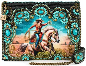 Mary Frances Cowgirl Beaded Crossbody Handbag with Western Rodeo Motif and Turquoise Accents Novelty Statement Clutch Bag, Multicolor