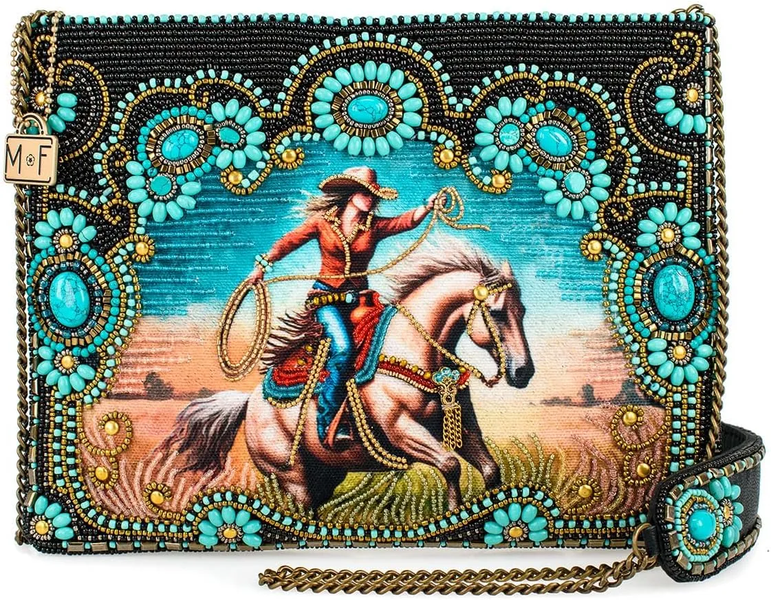 Mary Frances Cowgirl Beaded Crossbody Handbag with Western Rodeo Motif and Turquoise Accents Novelty Statement Clutch Bag, Multicolor