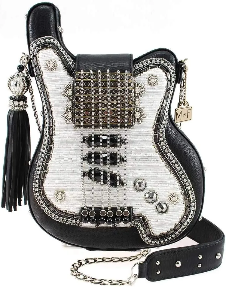 Mary Frances Greatest Hits Beaded Crossbody Guitar Handbag, Black-White