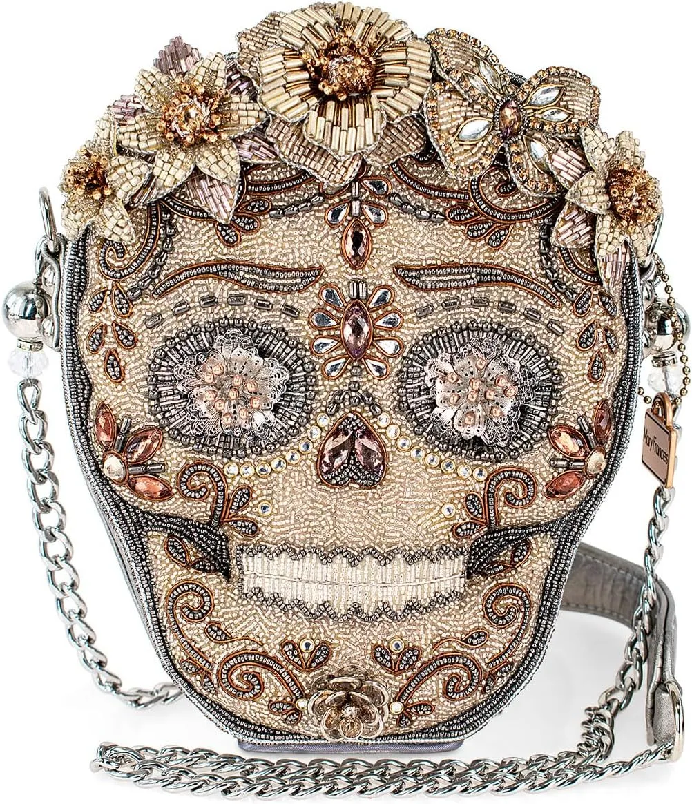 Mary Frances Shining Skull Beaded Handbag Floral Día de Los Muertos Crossbody Bag, Metallic