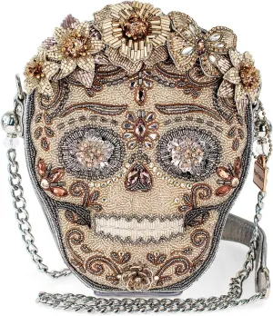 Mary Frances Shining Skull Beaded Handbag Floral Día de Los Muertos Crossbody Bag, Metallic