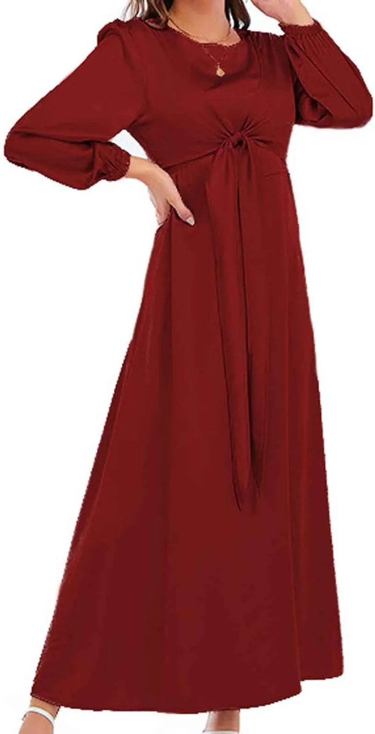Maxi Dresses for Women 2024 Fall Satin Tie Waist Zip Back Crewneck Long Puff Sleeve Dress Formal Wedding Party Gown