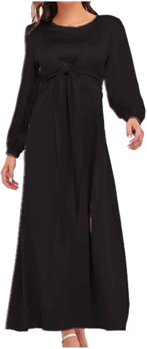 Maxi Dresses for Women 2024 Fall Satin Tie Waist Zip Back Crewneck Long Puff Sleeve Dress Formal Wedding Party Gown