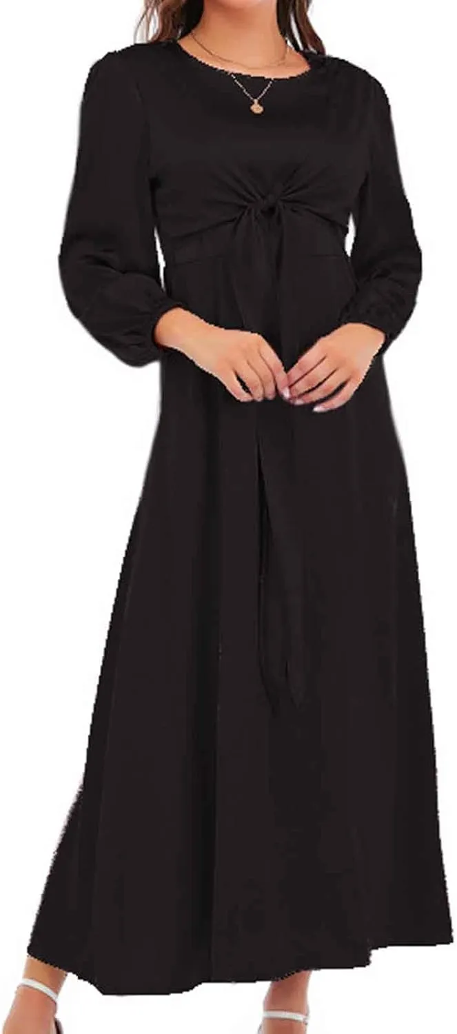 Maxi Dresses for Women 2024 Fall Satin Tie Waist Zip Back Crewneck Long Puff Sleeve Dress Formal Wedding Party Gown