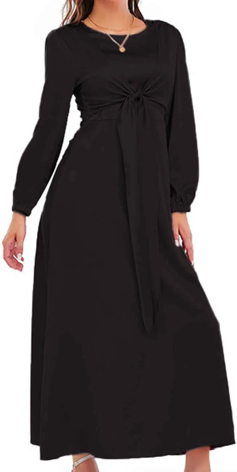 Maxi Dresses for Women 2024 Fall Satin Tie Waist Zip Back Crewneck Long Puff Sleeve Dress Formal Wedding Party Gown