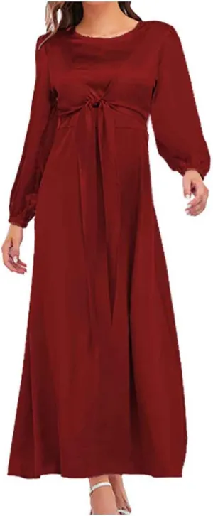 Maxi Dresses for Women 2024 Fall Satin Tie Waist Zip Back Crewneck Long Puff Sleeve Dress Formal Wedding Party Gown
