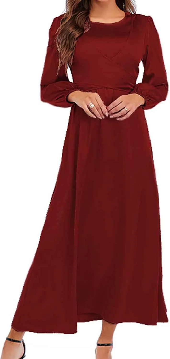 Maxi Dresses for Women 2024 Fall Satin Tie Waist Zip Back Crewneck Long Puff Sleeve Dress Formal Wedding Party Gown