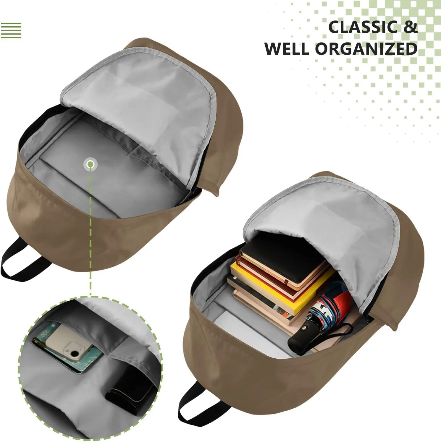 MCHIVER Custom Travel Backpack Khaki Personalized Casual Daypack Backpacks Lightweight Carry on Bag Water Resistant Bookbag for Women and Men