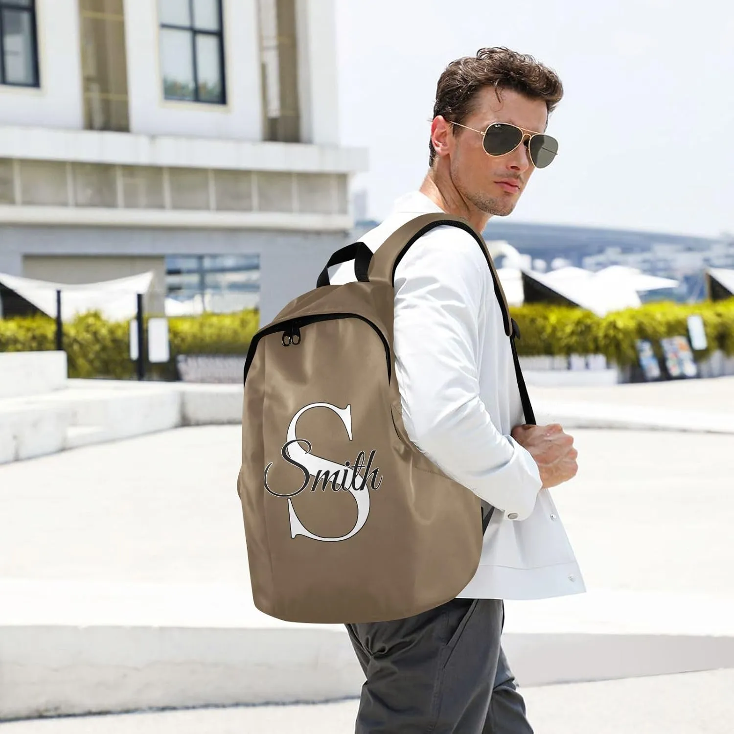 MCHIVER Custom Travel Backpack Khaki Personalized Casual Daypack Backpacks Lightweight Carry on Bag Water Resistant Bookbag for Women and Men