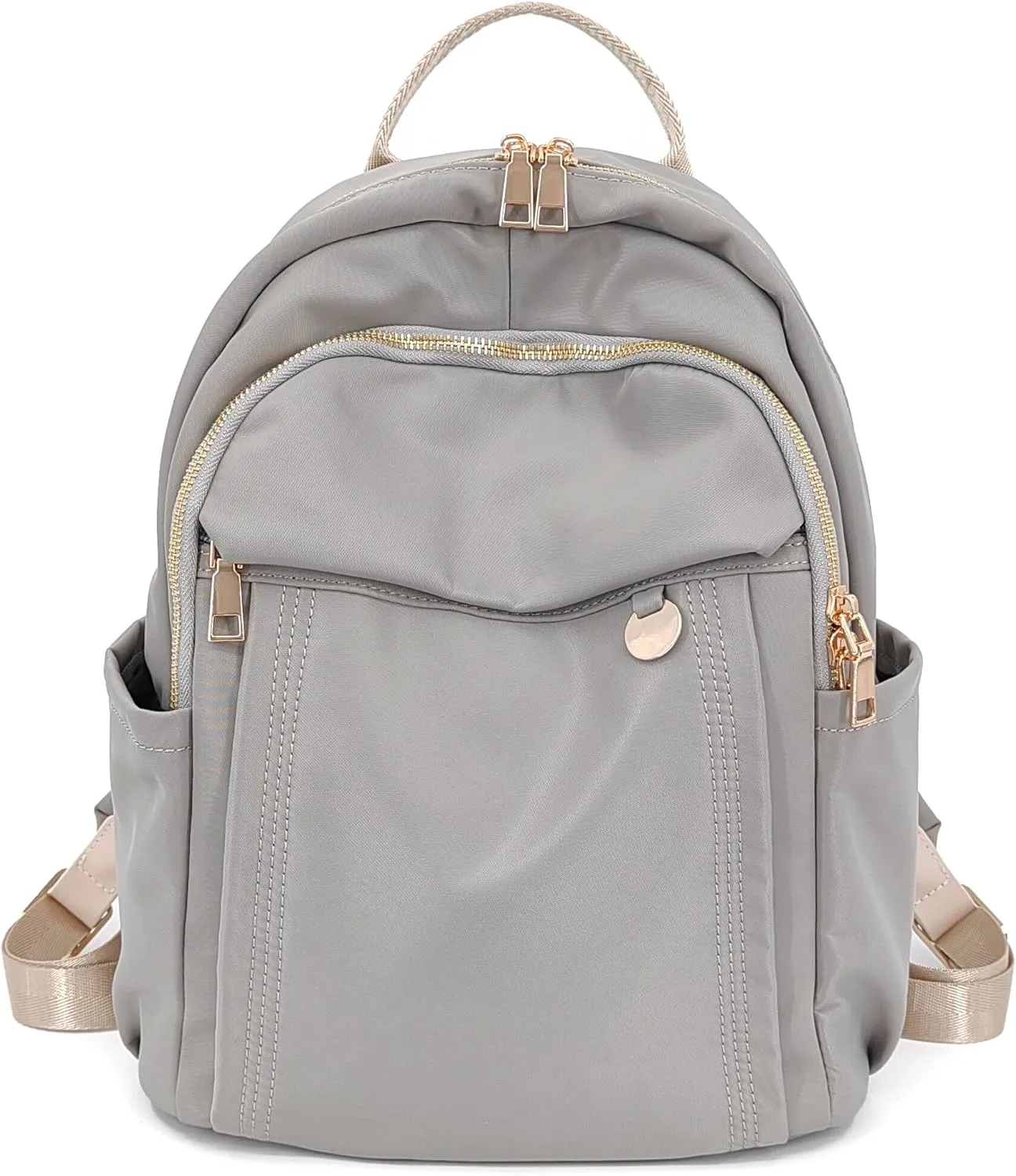 Medium Nylon Backpacks for Women, Trendy Gold-Tone Hardware Everyday Backpack Purses, Casual Lightweight Water-Resistant Rucksack Daypack Travel Bags (Gray Beige)