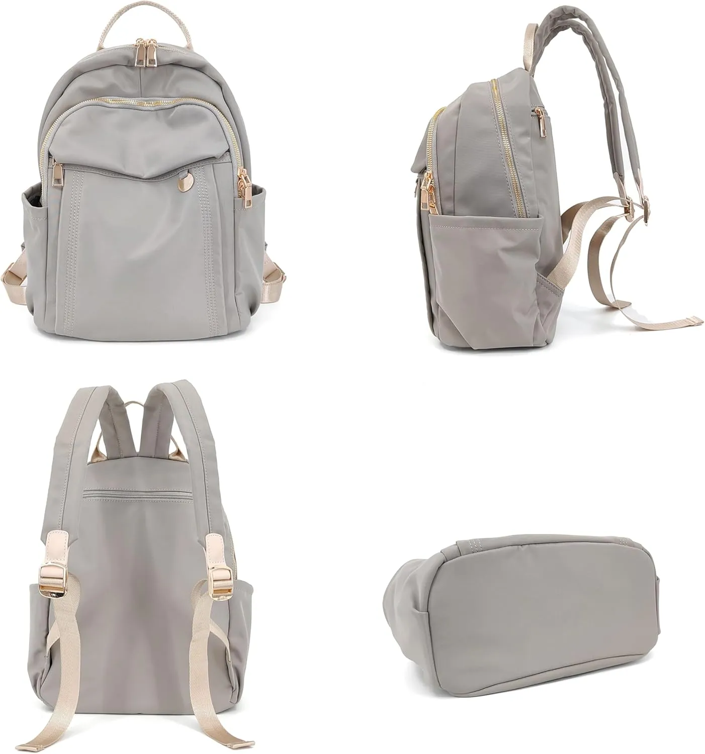 Medium Nylon Backpacks for Women, Trendy Gold-Tone Hardware Everyday Backpack Purses, Casual Lightweight Water-Resistant Rucksack Daypack Travel Bags (Gray Beige)