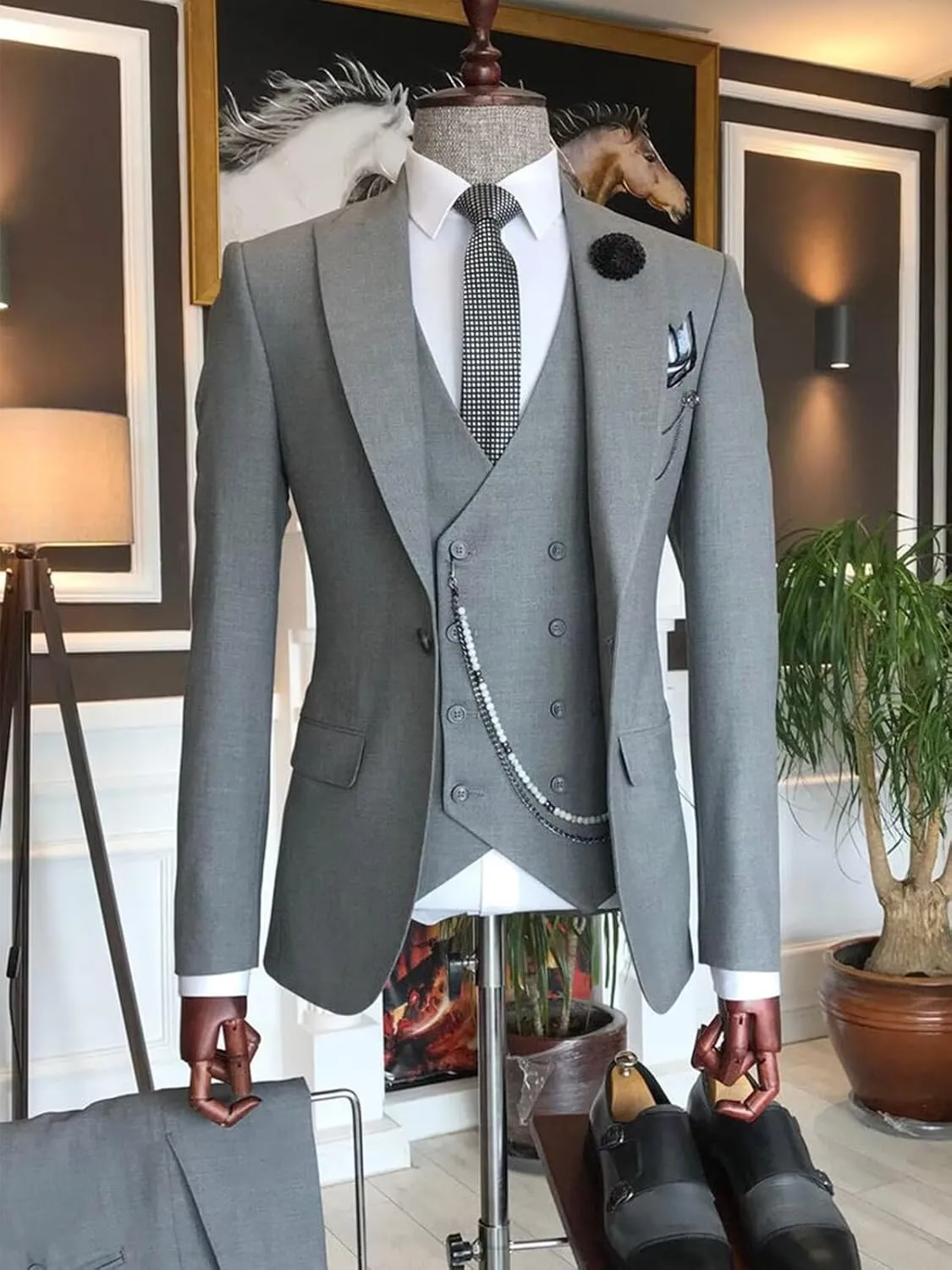 Mens Suit 3 Piece Slim Fit Suits for Men Double Breasted Suit Wedding Prom Suits Formal Business Dinner Tuxedo
