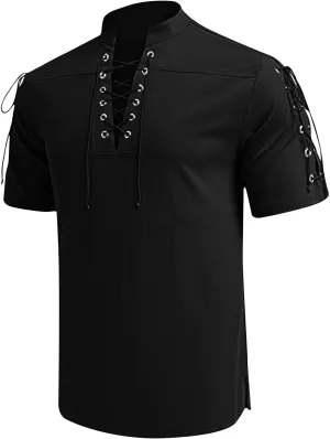 Men's Summer Half-Sleeve Shirts Workout Fitness Sports Breathable Lightweight Beach Shirts Lace-Up Casual Tunic Tops