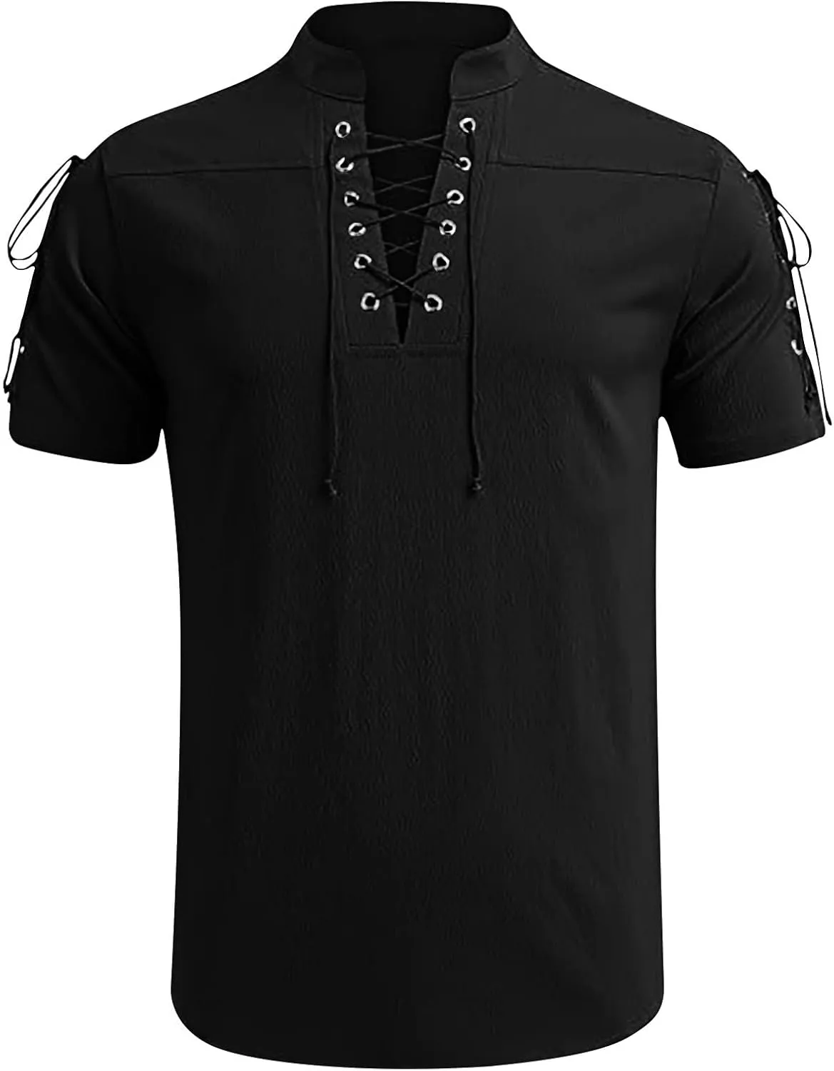 Men's Summer Half-Sleeve Shirts Workout Fitness Sports Breathable Lightweight Beach Shirts Lace-Up Casual Tunic Tops